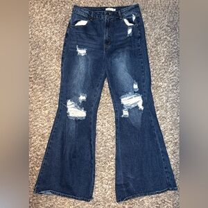 Rue21 Dark Blue Distressed Baggy Flare Jeans